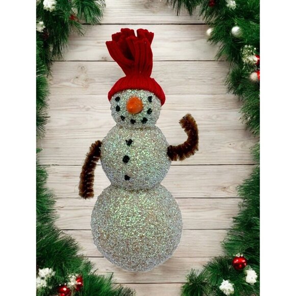 Vintage Glitter Snowman Christmas Tree Ornament Handmade with Red Hat - Picture 1 of 7